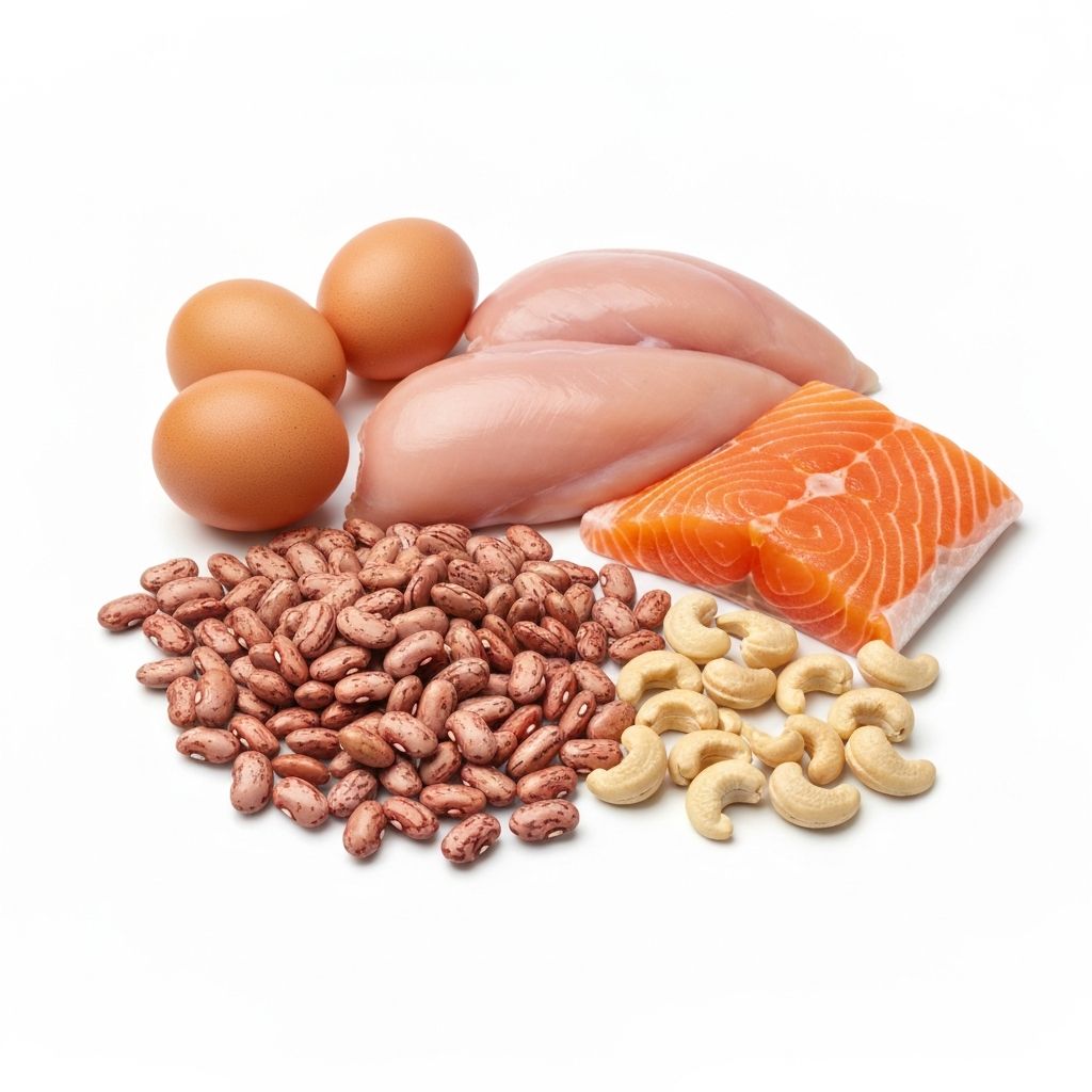 Protein-rich foods including fish, eggs, and legumes